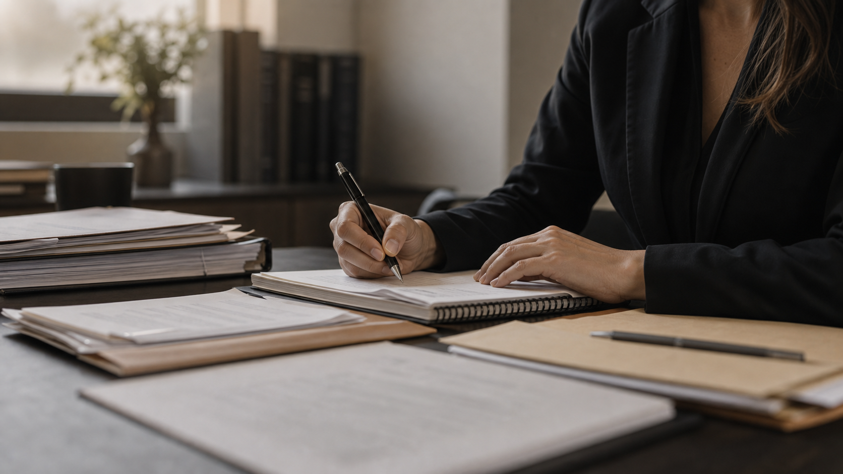 Attorney taking notes beside legal documents